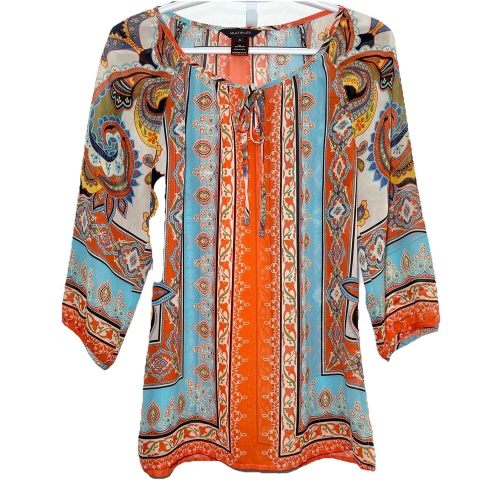 Multiples Boho Paisley Blouse Tie Neck 3/4 Sleeve Colorful Small